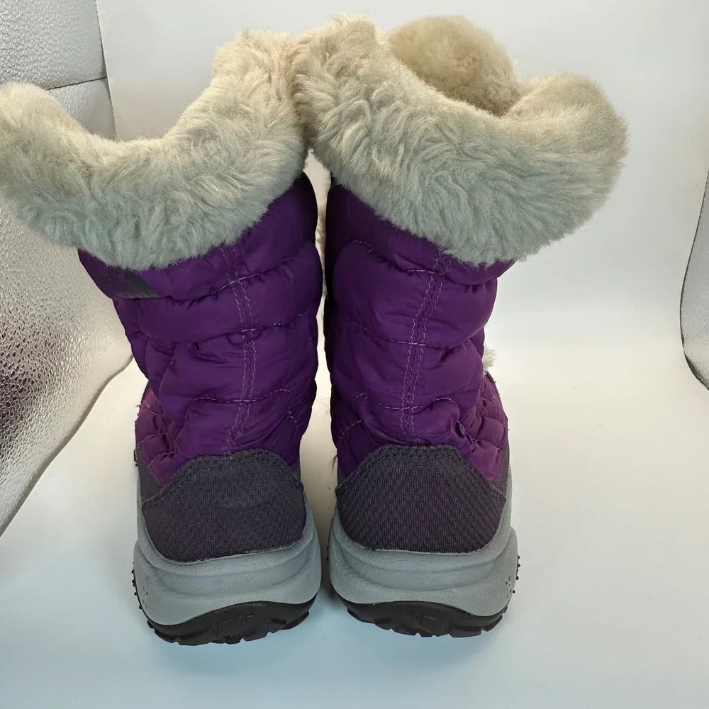 The North Face Snow Boots Kids 1 Purple Faux Fur Trim Quilted Winter Gorpcore